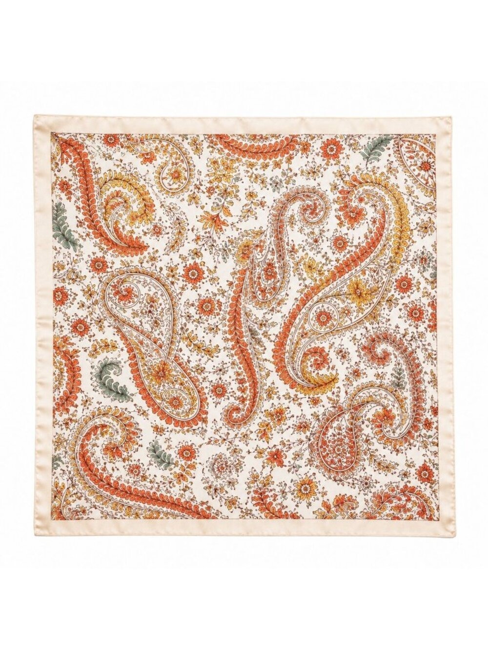 35x35 Satin Paisley Scarf White Cream Teal Orange Floral Square Hair Neck Scarf